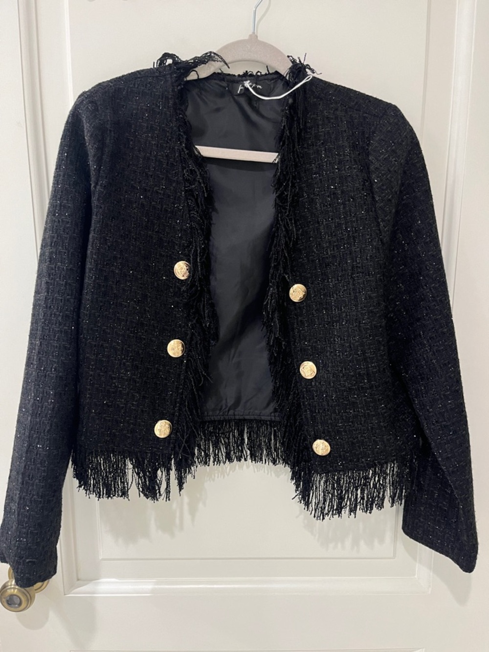 Balmain style Black Fringe Tweed Blazer with Gold Buttons